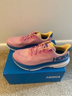 Hoka Women's Running Shoes in Pink with Blue and Yellow Accents